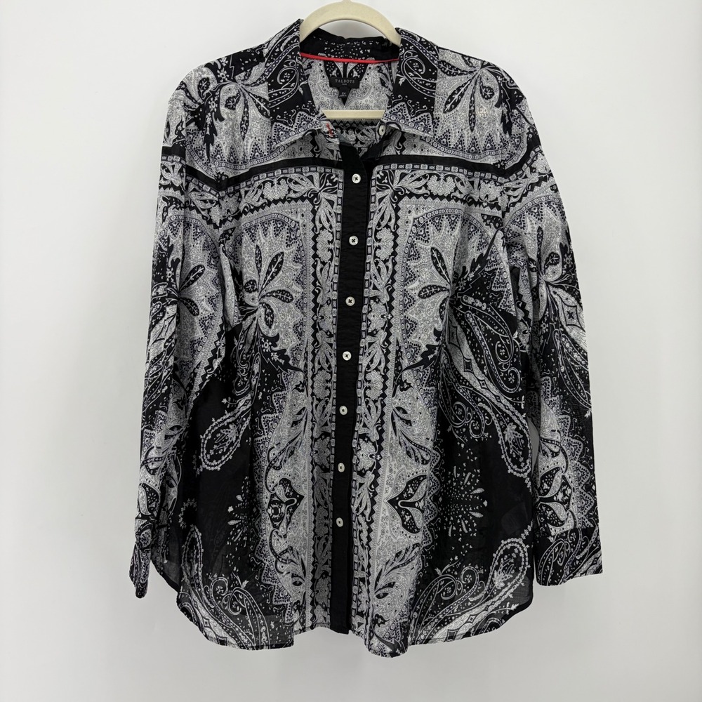 Talbots Womens 2X Black Paisley Button Down Cotton Voile Long Sleeve Shirt